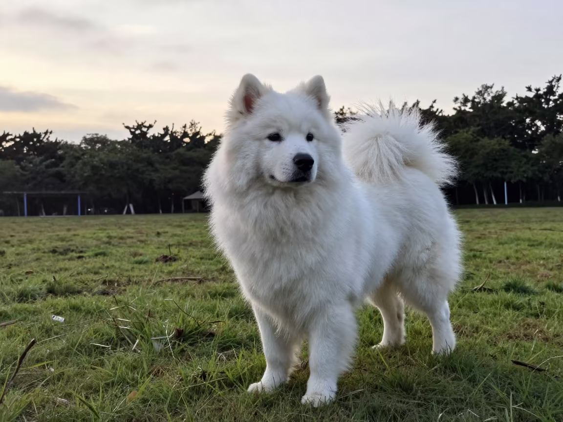 Lapponian Herder Portrait in Shenzhen Yard in in a small yard with clipped grass, calm light, and the animal centered in frame near Shenzhen