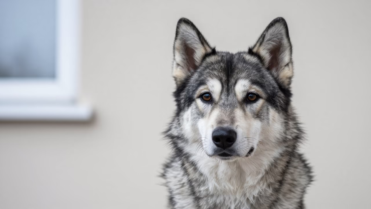 Lapponian Herder Portrait in Soft Indoor Light in beside a plain plaster wall in soft indoor light with the animal centered in frame in Apeldoorn