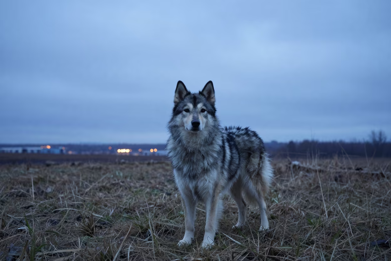Lapponian Herder Portrait in Twilight Near Zaria in in a small yard with clipped grass, calm light, and the animal centered in frame near Zaria