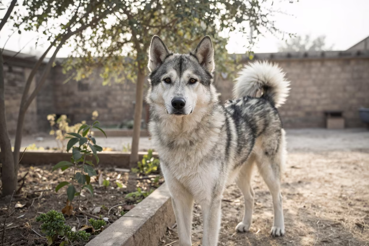 Lapponian Herder Portrait Jaipur Garden Edge in near a garden edge with soft morning light and an uncluttered background in Jaipur