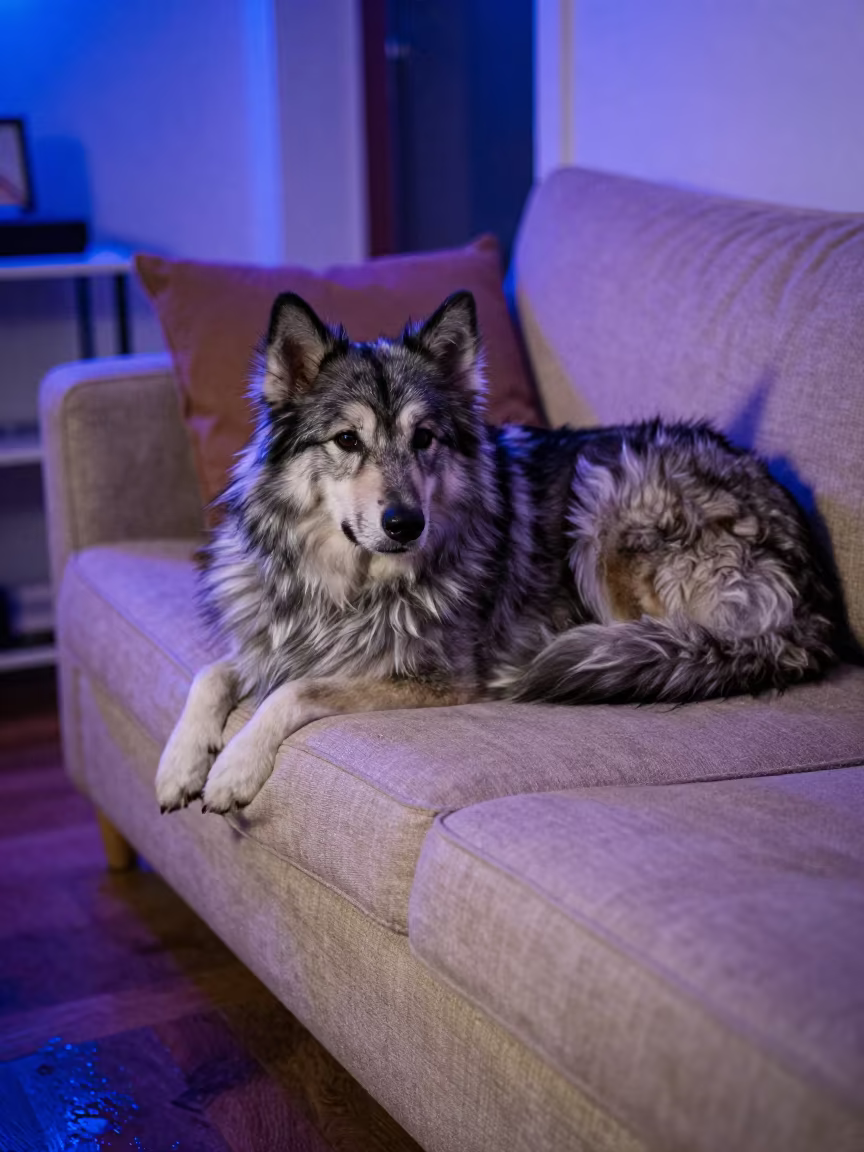 Lapponian Herder Resting on Linen Sofa in Catia La Mar in on a linen sofa with daylight from a nearby window in Catia La Mar