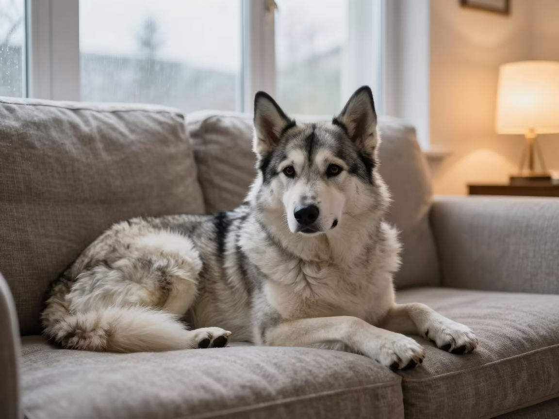 Lapponian Herder Resting on Linen Sofa in Khulna in on a linen sofa with daylight from a nearby window near Khulna