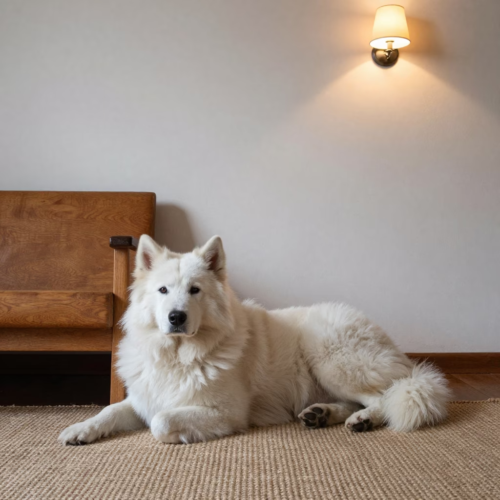 Lapponian Herder Resting on Woven Rug in Negombo Home in on a woven rug beside a low couch and an uncluttered wall near Negombo