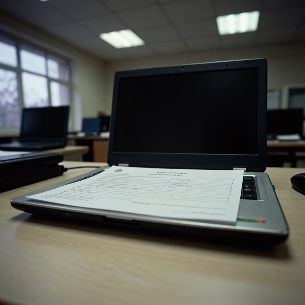 Laptop Agreement Tray in Predawn Erzincan Office in in an operations center under monitor glow in Erzincan