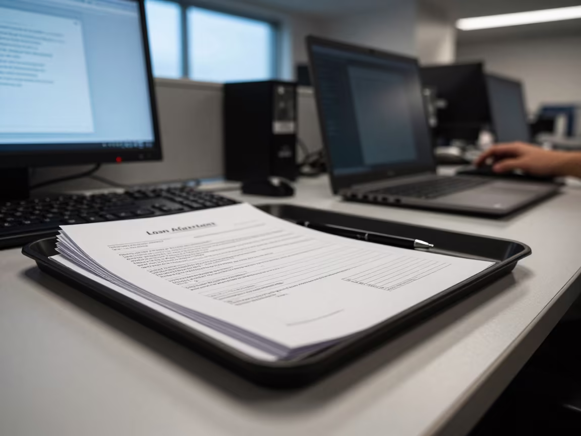 Laptop Loan Agreement Tray in Bloléquin Operations Center in in an operations center under monitor glow in Bloléquin