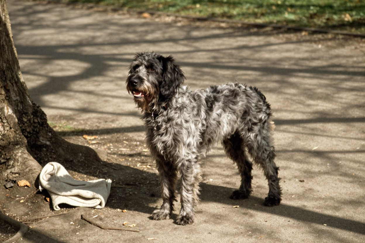 Large Munsterlander on London Park Path in along a quiet park path with soft open shade and a clean background in London