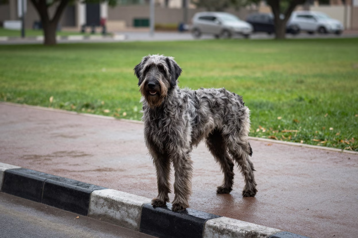 Large Munsterlander Portrait Along Umm Qasr Park Path in along a quiet park path with soft open shade and a clean background in Umm Qasr