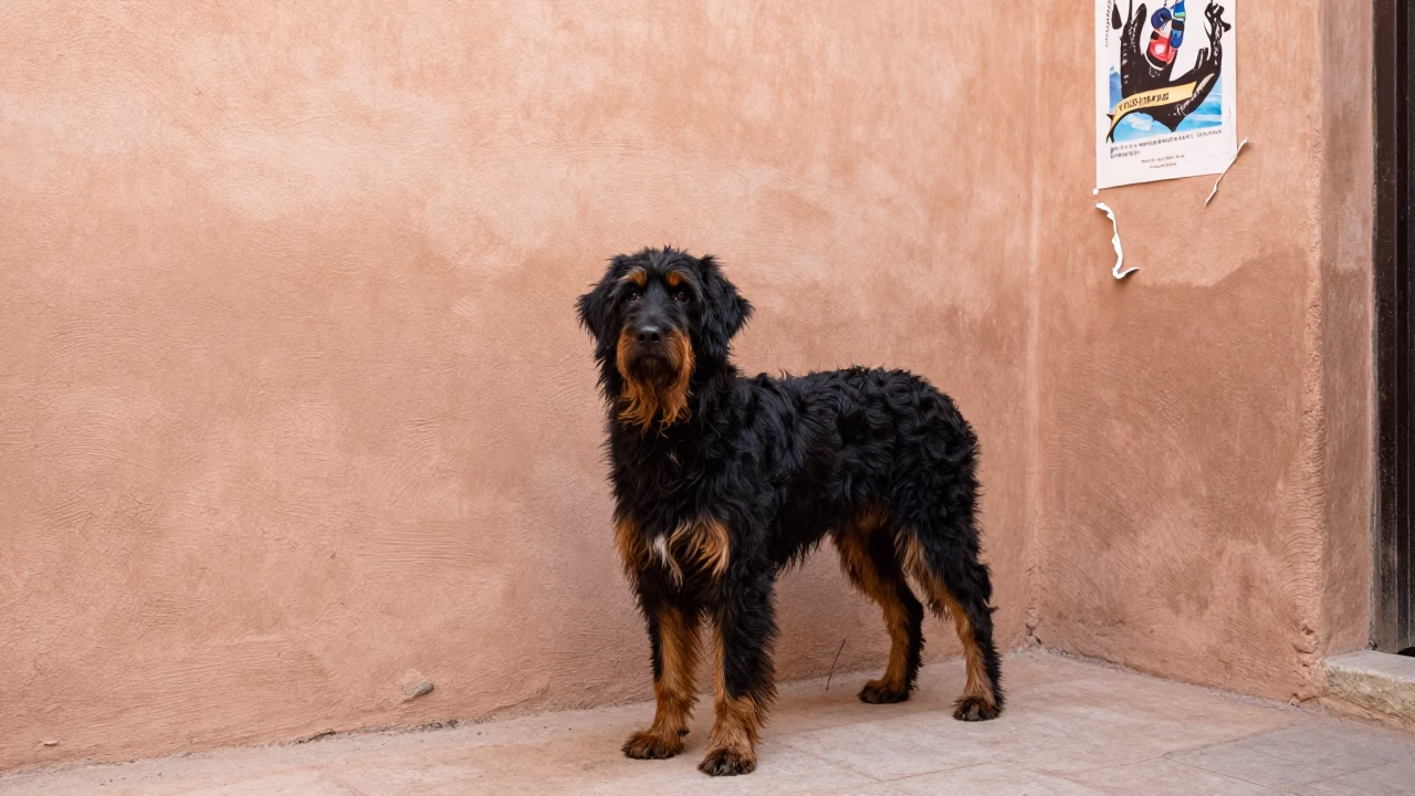 Large Munsterlander Portrait Beside Kasbah Wall Marrakech in beside a plain courtyard wall in clear daylight with the animal at eye level in Kasbah, Marrakech