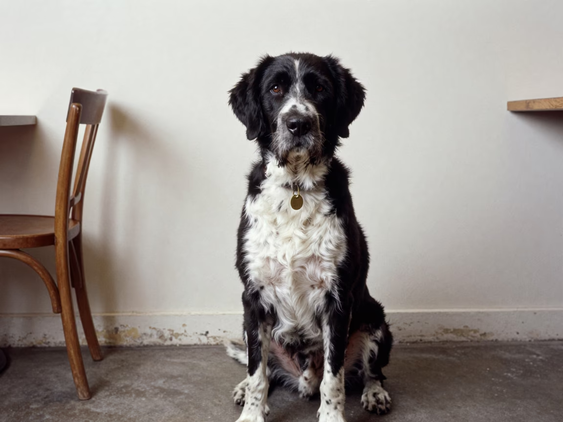 Large Munsterlander Portrait Beside Plaster Wall in beside a plain plaster wall in soft indoor light with the animal centered in frame near Zaria