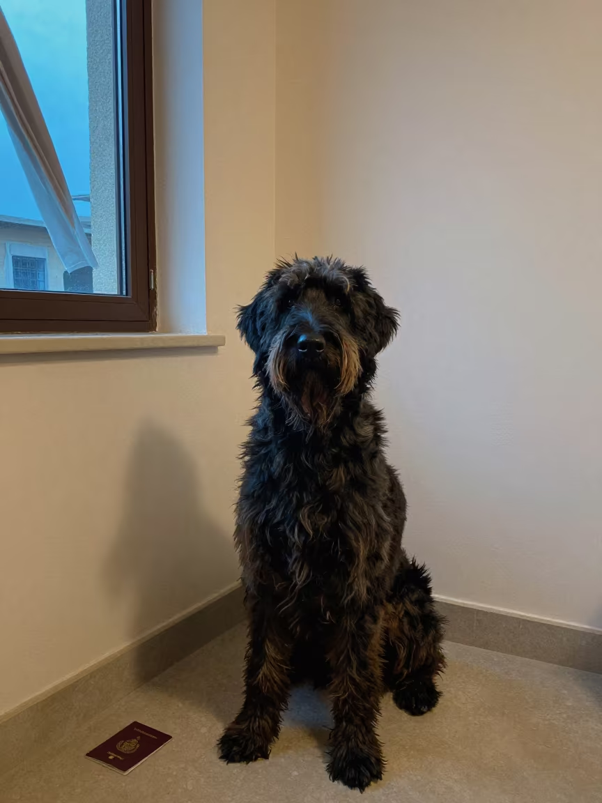 Large Munsterlander Portrait by Beirut Window in beside a plain plaster wall in soft indoor light with the animal centered in frame near Beirut