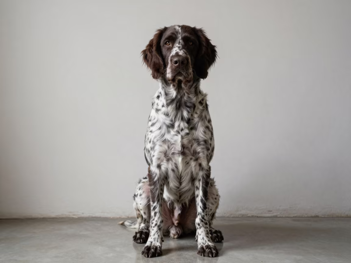 Large Munsterlander Portrait in Cordoba Room in beside a plain plaster wall in soft indoor light with the animal centered in frame in Cordoba