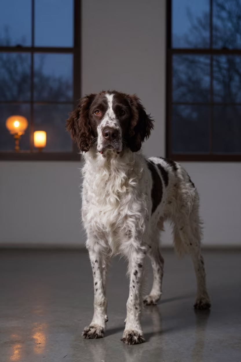 Large Munsterlander Portrait in Dim Twilight Studio Light in in a quiet portrait studio with a plain backdrop and eye-level framing in Tarim