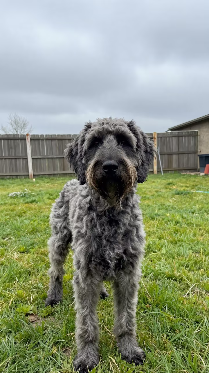 Large Munsterlander Portrait in Matamoros Yard in in a small yard with clipped grass, calm light, and the animal centered in frame in Matamoros