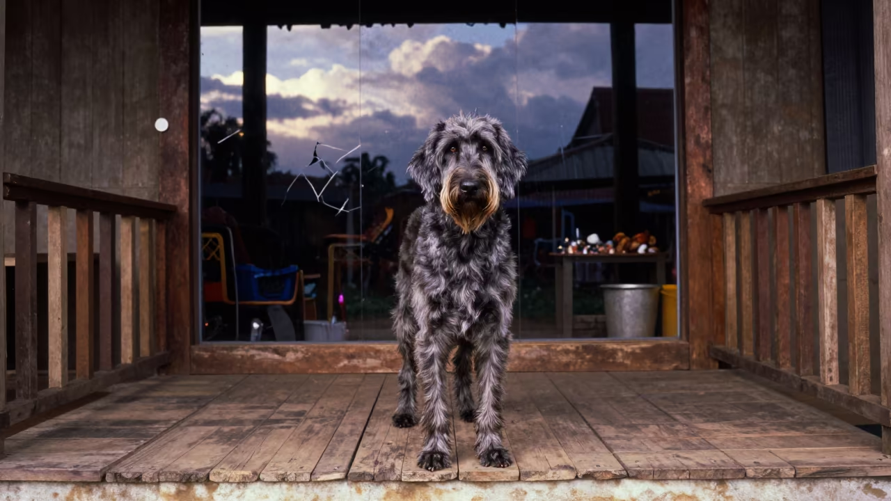 Large Munsterlander Portrait on Conakry Porch in on a shaded front porch with boards, railings, and eye-level framing in Conakry
