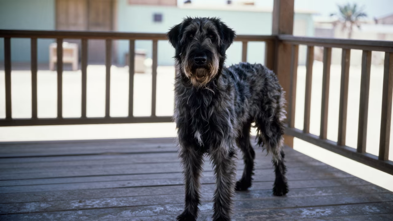 Large Munsterlander Portrait on Sanaa Porch in on a shaded front porch with boards, railings, and eye-level framing in Sanaa