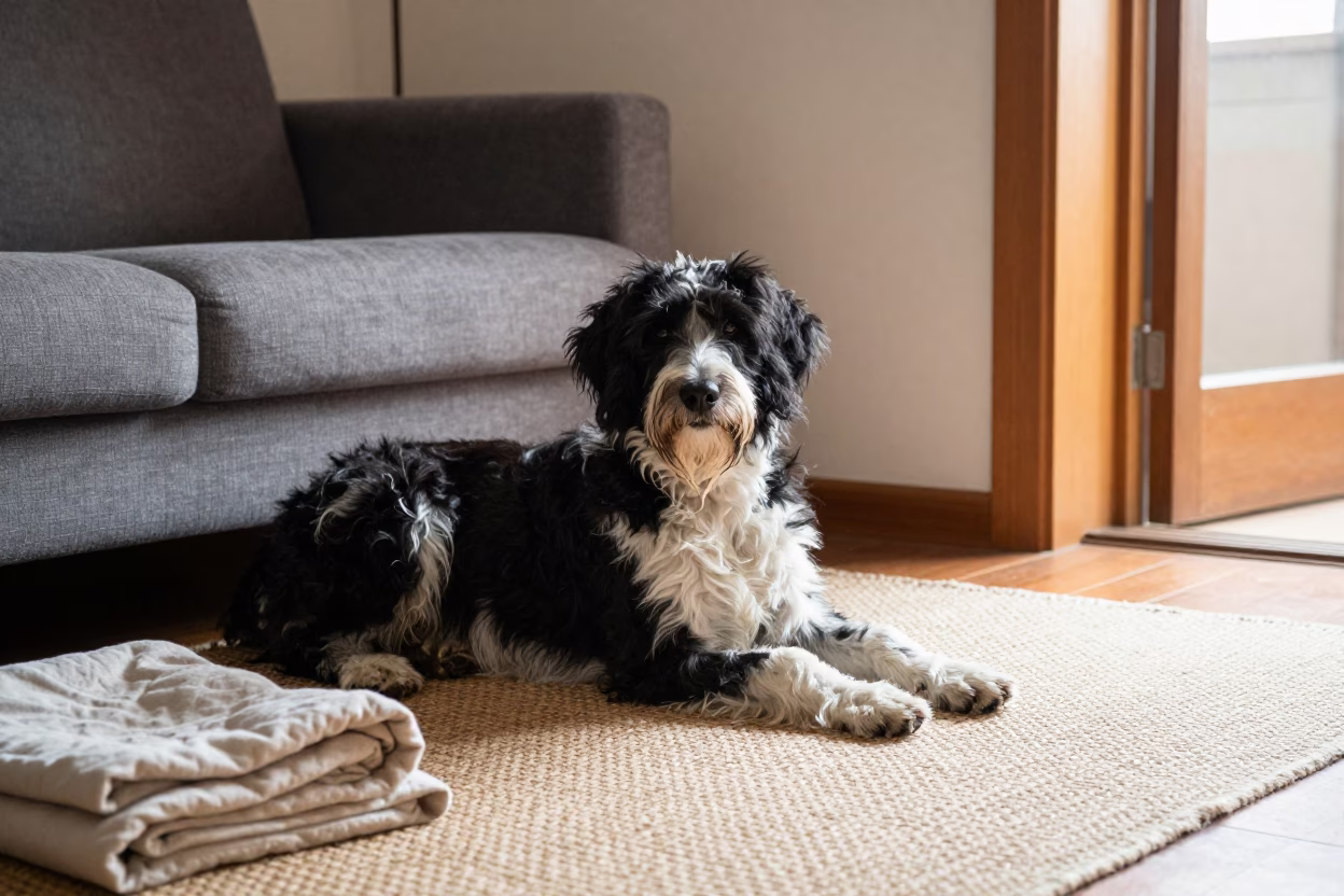 Large Munsterlander Resting on Rug Near Zhengzhou in on a woven rug beside a low couch and an uncluttered wall near Zhengzhou