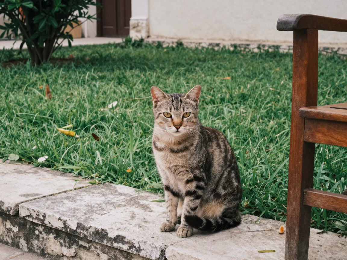 Larissa Garden Havana Cat on Clipped Grass in in a small yard with clipped grass, calm light, and the animal centered in frame in Larissa