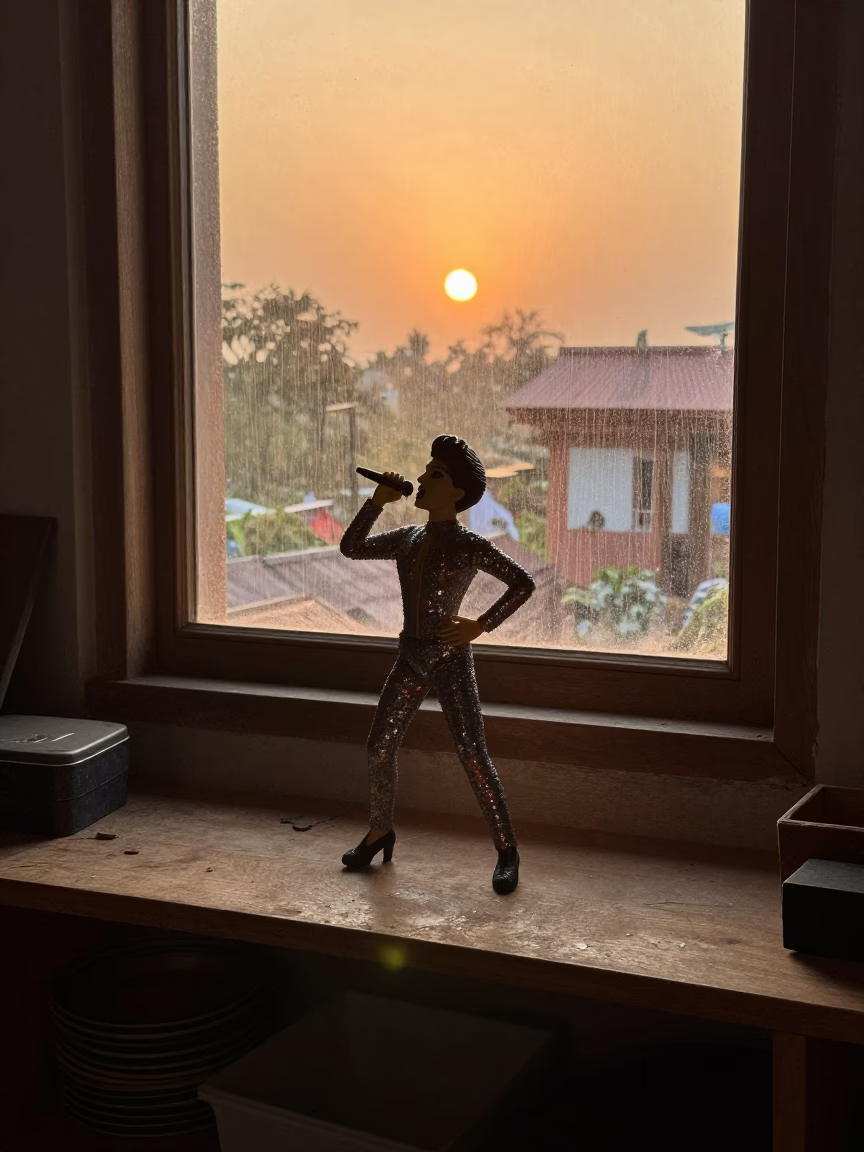 Larkana Drag Performer Shelf Sunset Monsoon in on a workshop shelf near Larkana