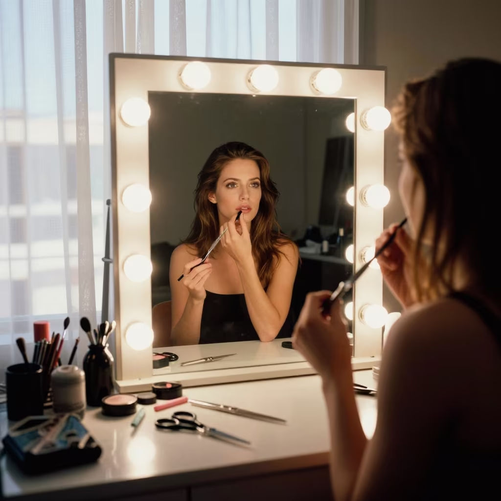 Las Vegas Makeup Station Mirror Reflection in at a tailoring table strewn with chalk and shears near Las Vegas