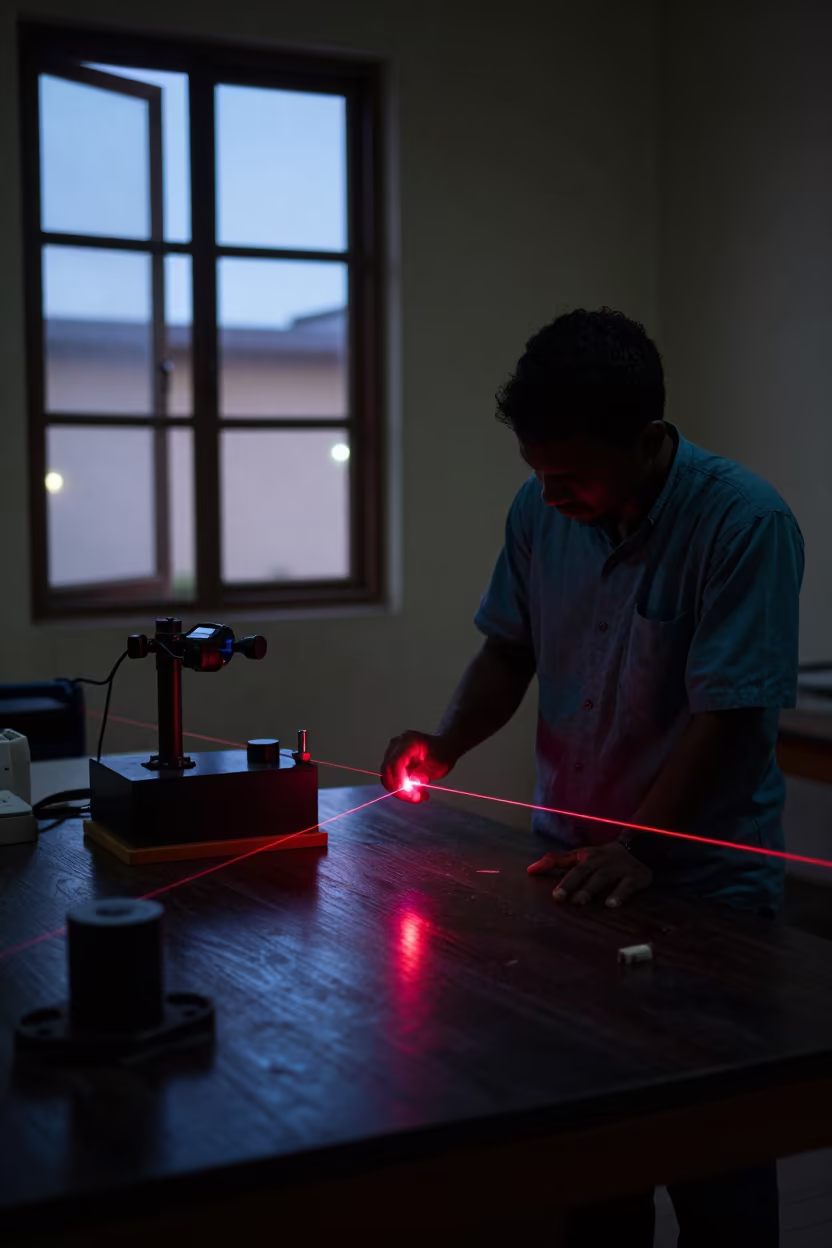 Laser Beam Crosses Dark Lab Table in in a fossil prep lab in Lamu