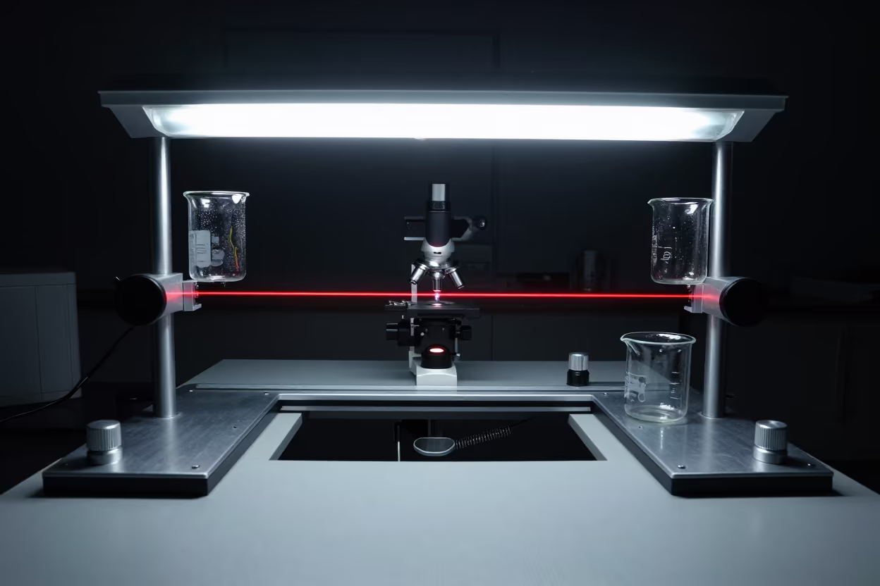 Laser Beam Crosses Darkened Microscopy Bench in at a microscopy bench in Ruda Śląska