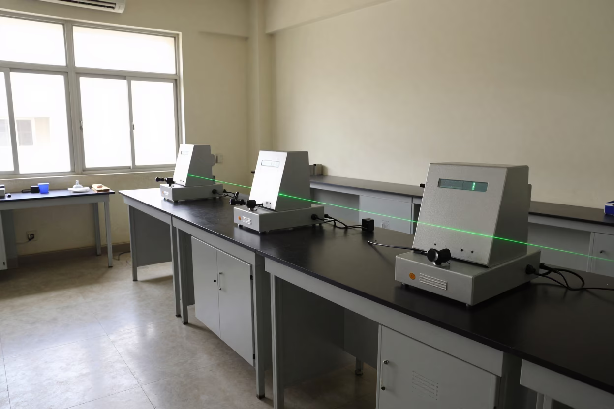 Laser Beam Path Crossing Mirrors in Delhi Lab in in a bright laboratory near Paharganj, Delhi