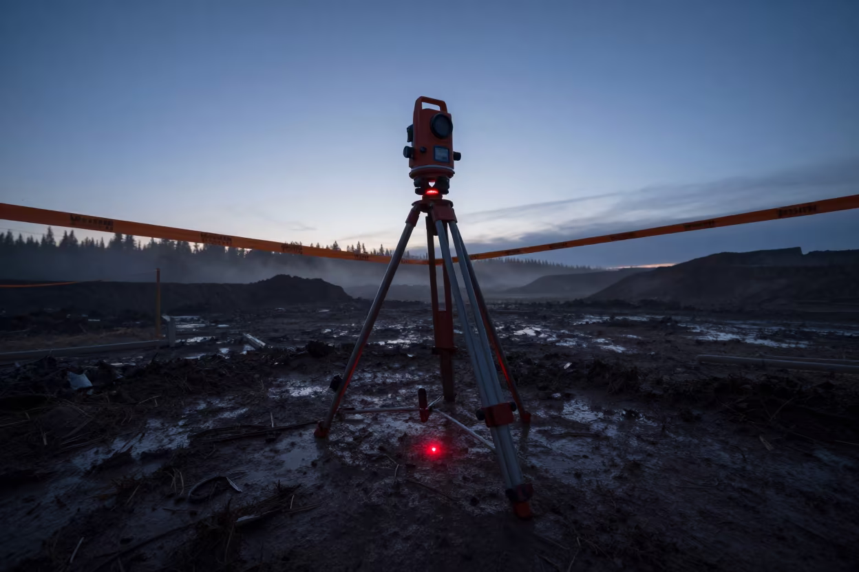 Laser Level Silhouette at Yukon Excavation Twilight in inside a taped-off excavation edge in Yukon