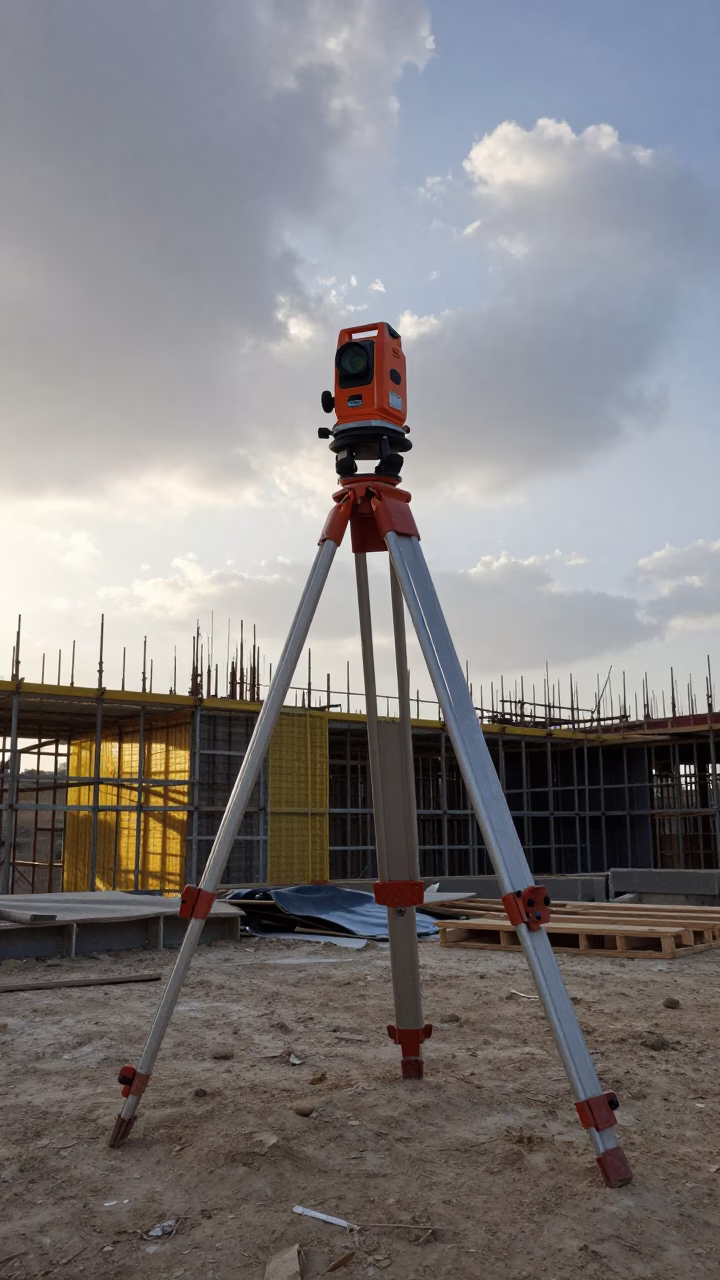 Laser Level Tripod Before Sunrise Aswan Construction in along a scaffolded facade in Aswan