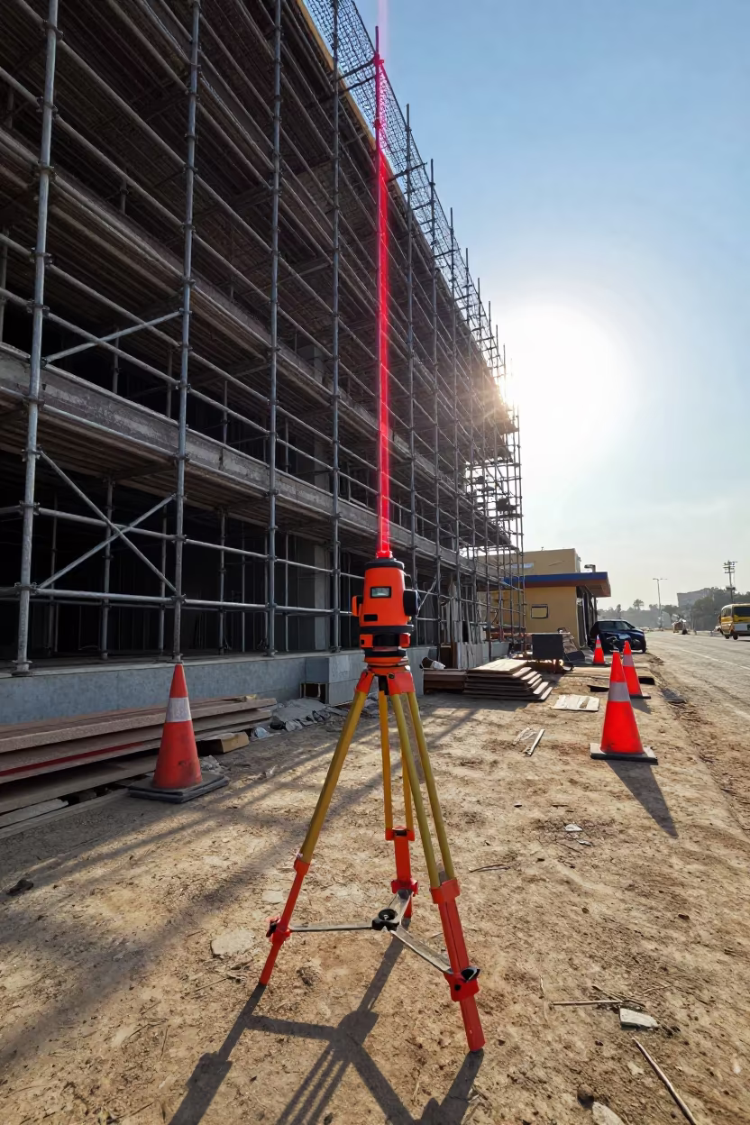 Laser Level Tripod on Scaffolded Facade Johannesburg in along a scaffolded facade near Johannesburg