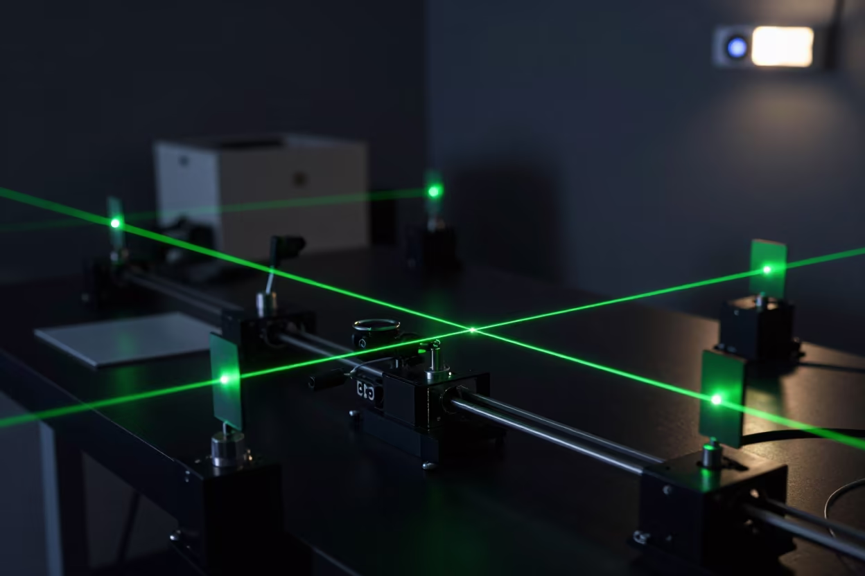 Laser Path Crossing Mirrors on Black Optical Table in at an engineering workbench in Montpellier