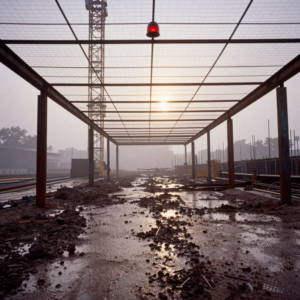 Laser Stand in Abidjan Construction Mist in beneath a tower crane on open ground near Abidjan