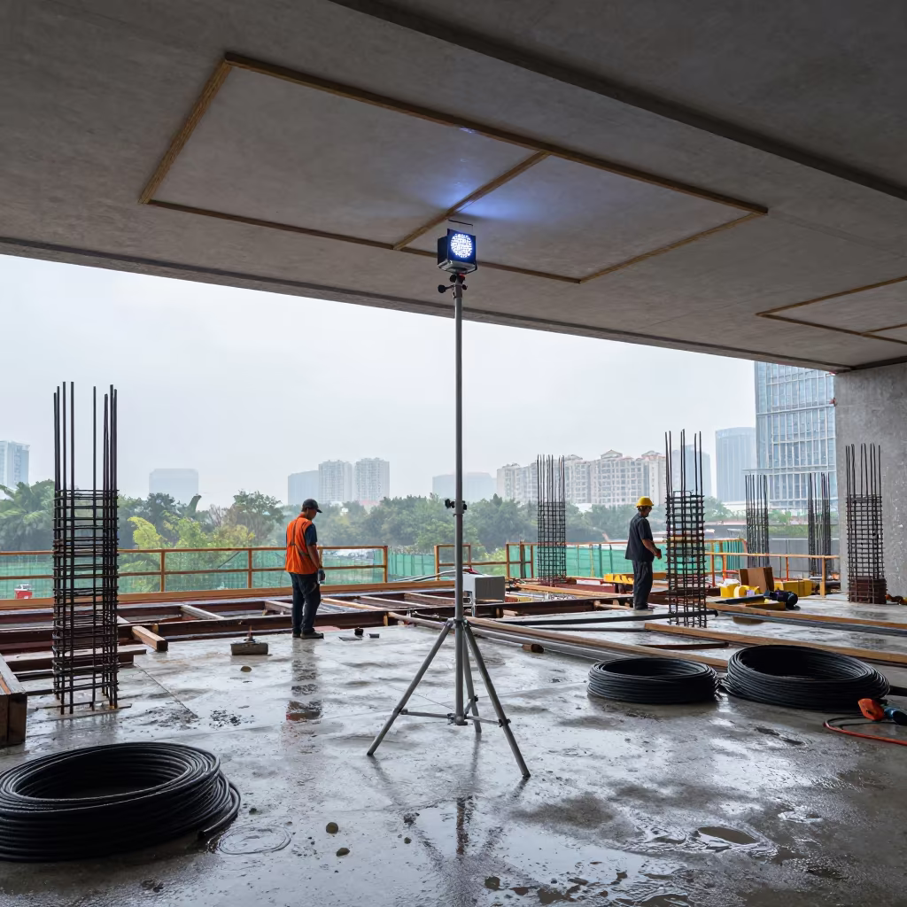 Laser Stand Commissioning Shenzhen Construction Site in beside a framed building shell near Shenzhen