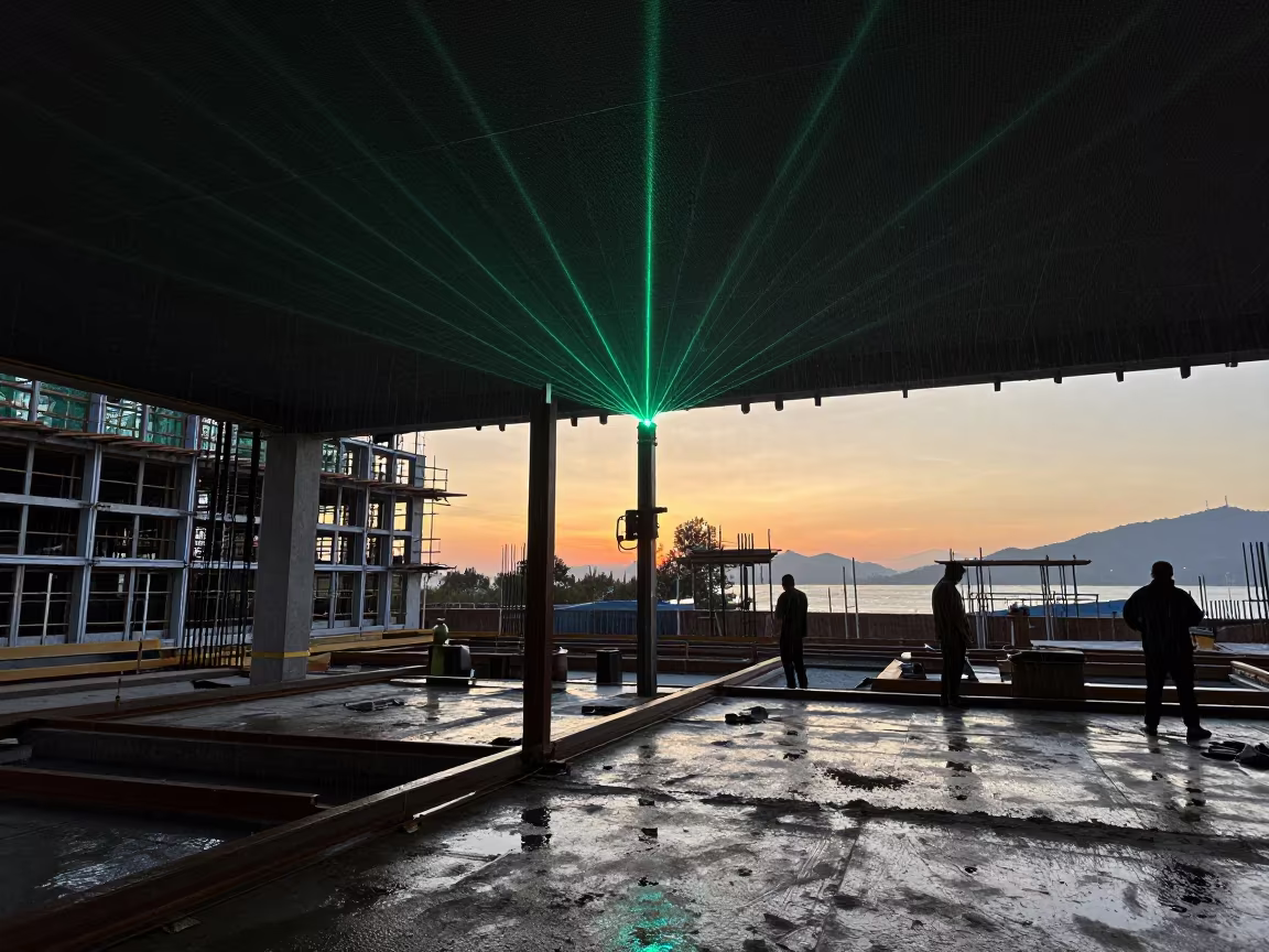 Laser Stand Commissioning Sunset Construction Site Qingdao in beside a framed building shell near Qingdao