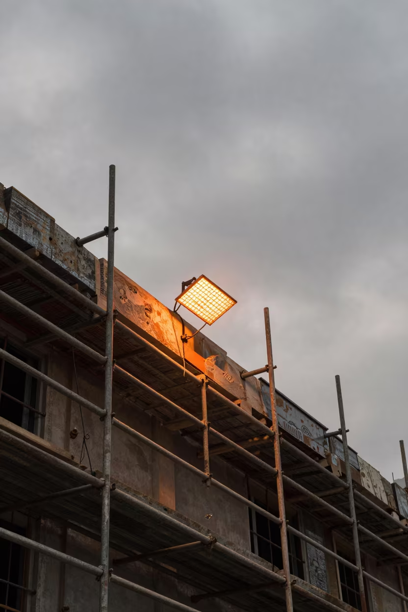 Laser Stand on Scaffolded Facade at Sunset in along a scaffolded facade in Kirkuk