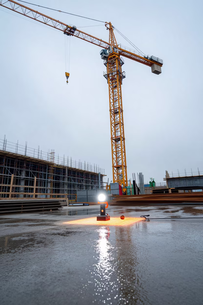 Laser Stand Under Crane in Taiwan After Rain in beneath a tower crane on open ground in Taiwan