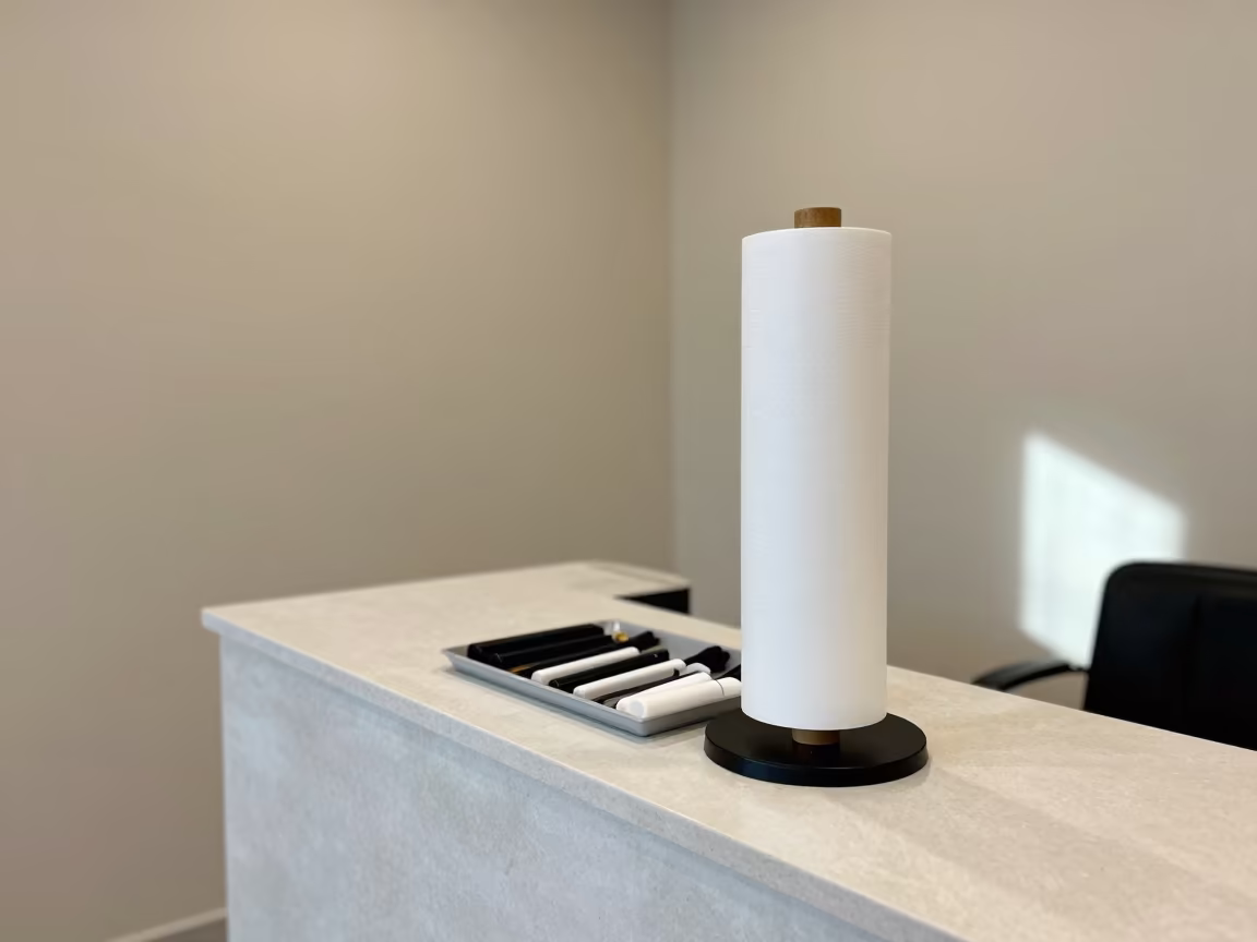 Lash Bed Paper Roll Stand Near Hamad Town Salon in at a salon reception counter near Hamad Town