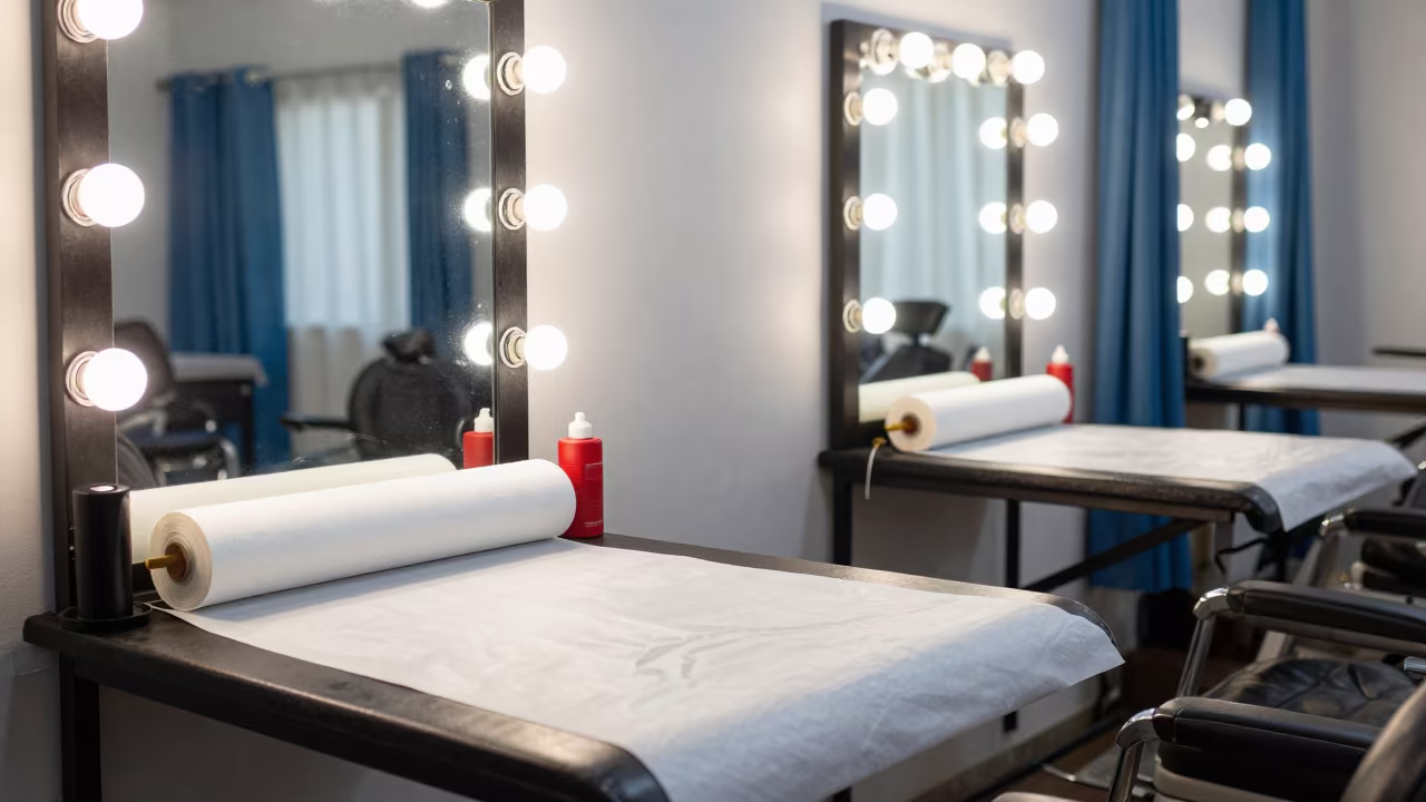Lash Bed Stand in Addis Ababa Barber Shop in at a barber station beneath mirror bulbs in Addis Ababa