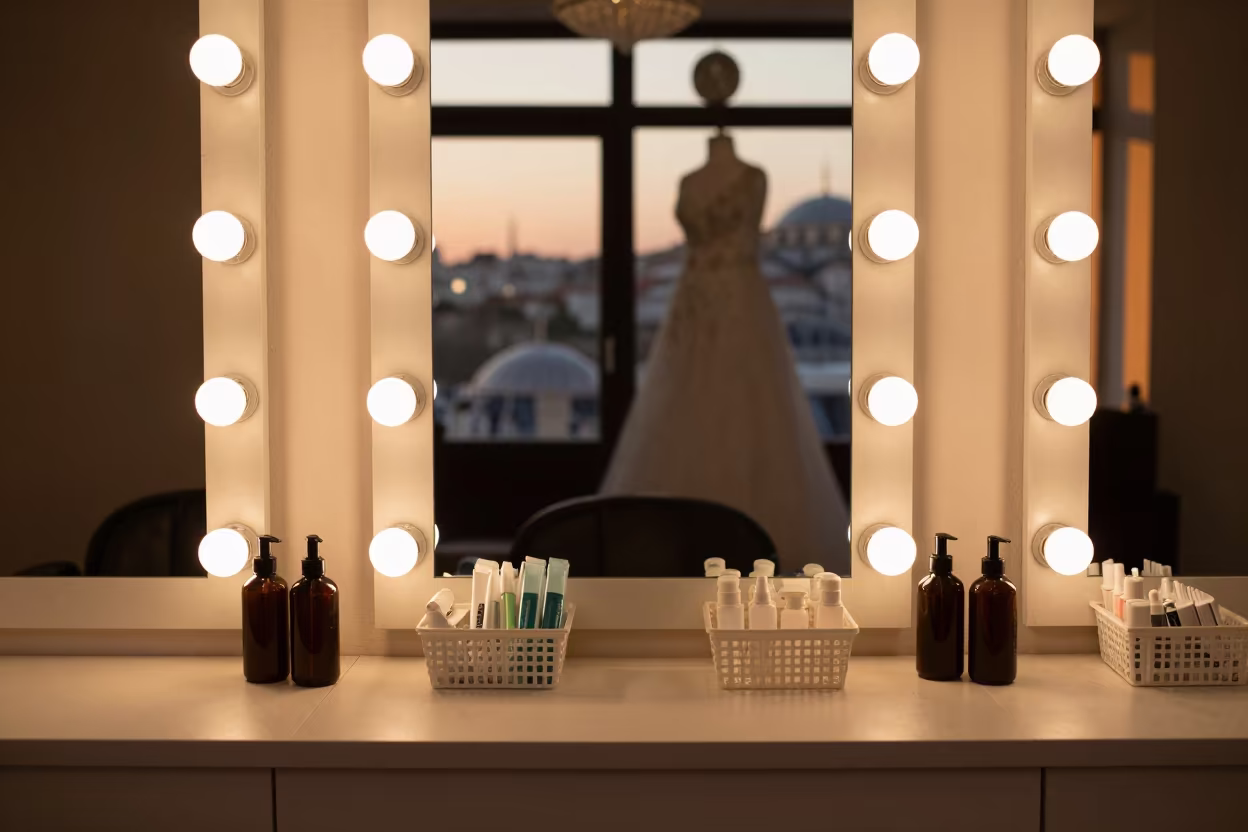 Lash Cleanser Basket at Sunset in Istanbul Barber in at a barber station beneath mirror bulbs in Istanbul