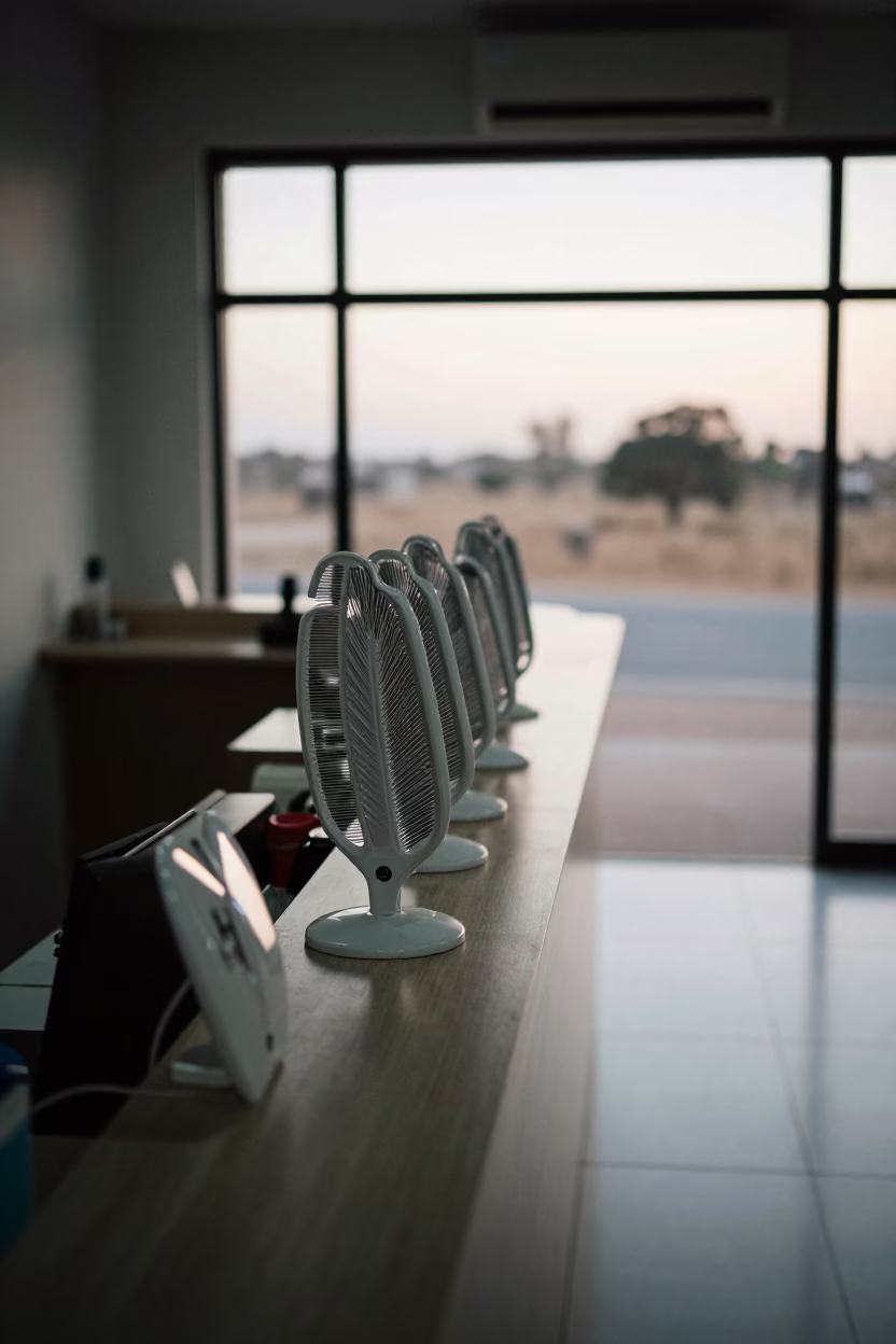 Lash Fan Drying Rack at Dawn in Ngaoundéré Salon in at a salon reception counter in Ngaoundéré