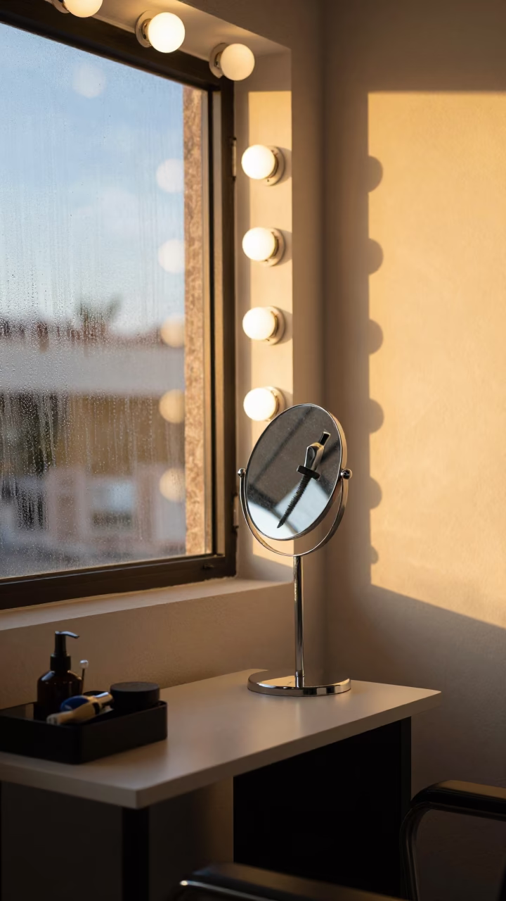 Lash Fan Mirror Stand in Puerto La Cruz Barbershop in at a barber station beneath mirror bulbs in Puerto La Cruz