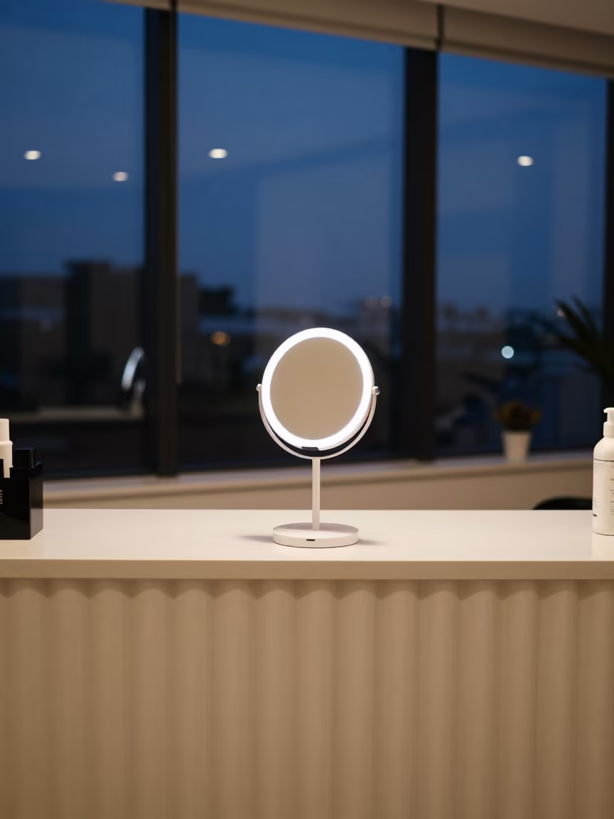 Lash Fan Mirror Stand at Singapore Salon in at a salon reception counter near Singapore