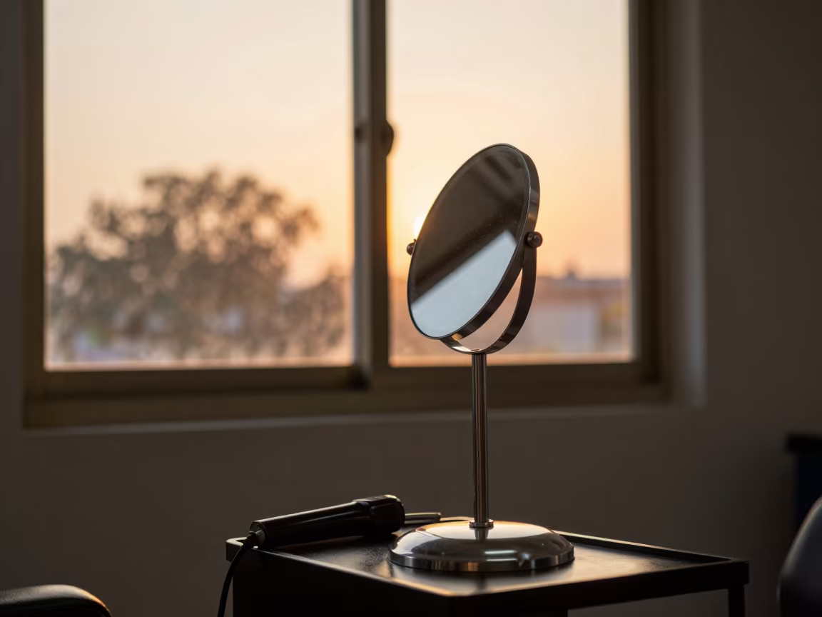 Lash Fan Mirror Stand in Sunset Window Light in at a barber station beneath mirror bulbs in Pakpattan