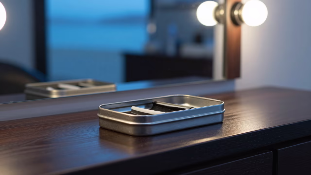 Lash Pad Tin at Barber Station in at a barber station beneath mirror bulbs in Maputo