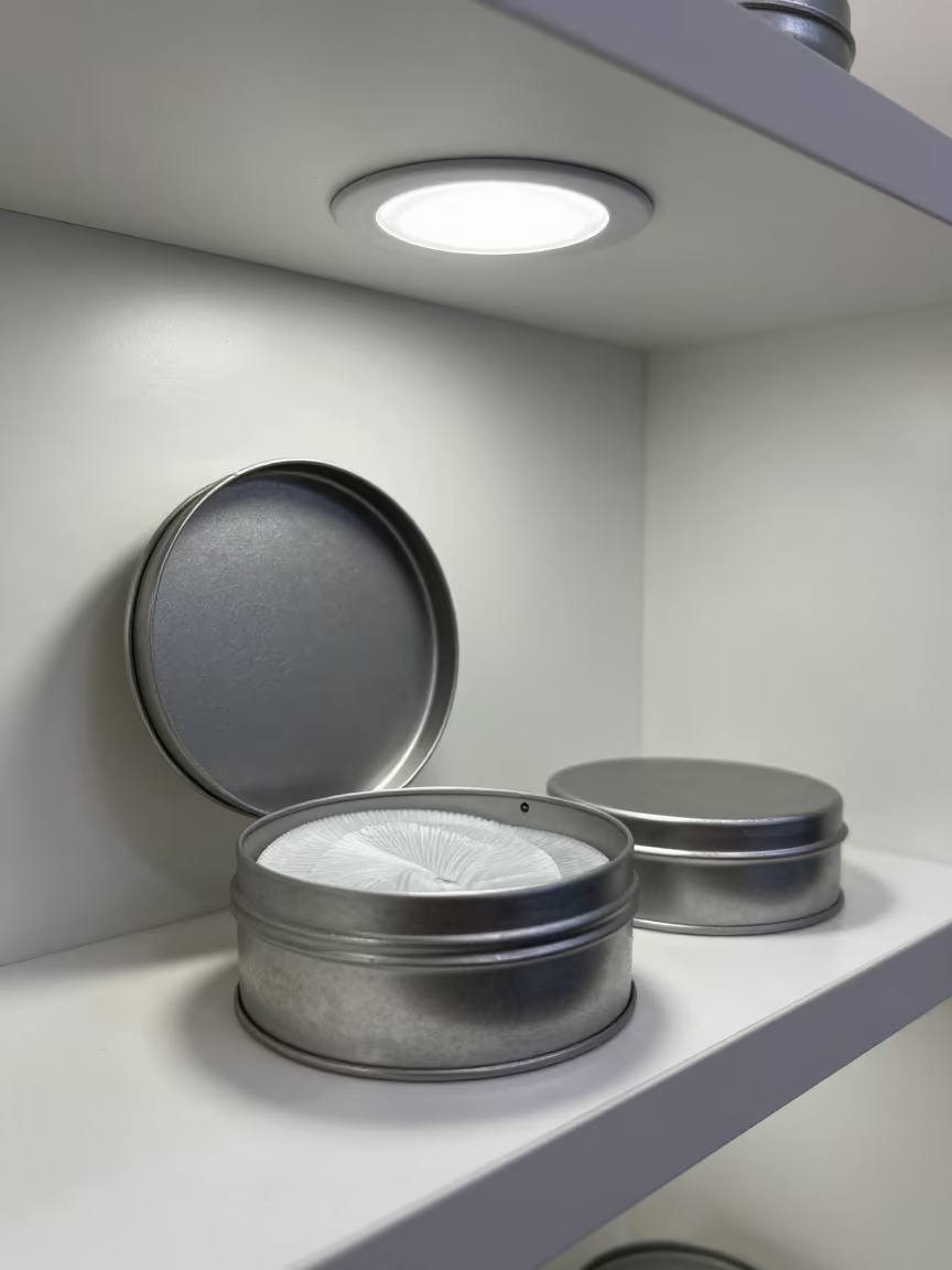 Lash Pad Tin in Bouake Beauty Supply in in a beauty supply area under white LEDs in Bouake