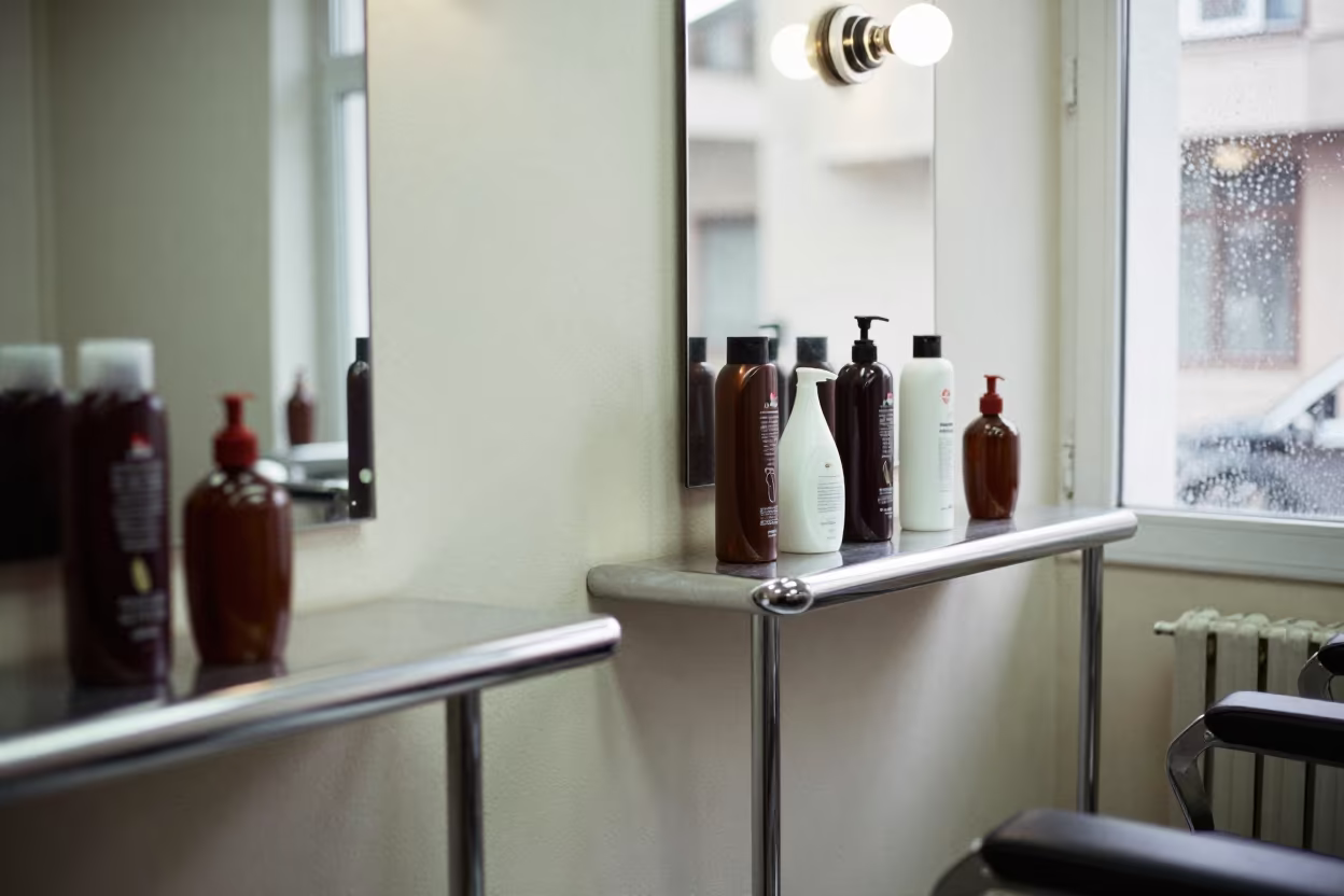 Lash Shampoo Bottle Rail at Barber Station Kastamonu in at a barber station beneath mirror bulbs in Kastamonu