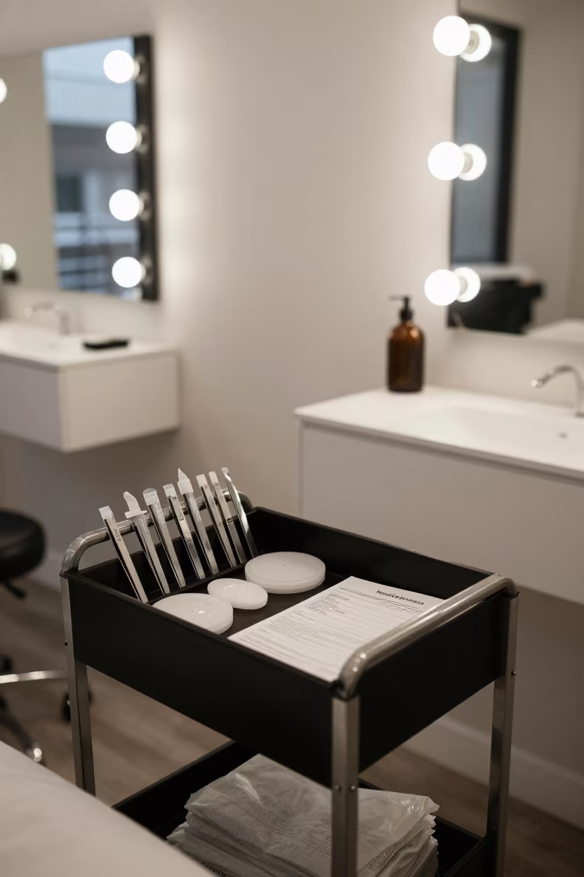 Lash Studio Prep Cart in Noumea Beauty Station in at a barber station beneath mirror bulbs in Noumea