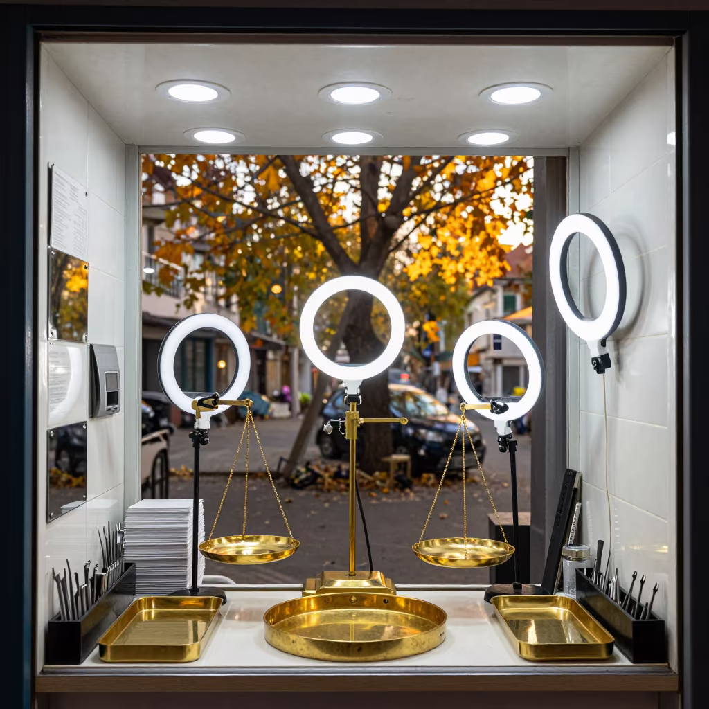 Lash Studio Setup in Rize Jeweler Stall in inside a jeweler's stall with brass scales and trays in Rize
