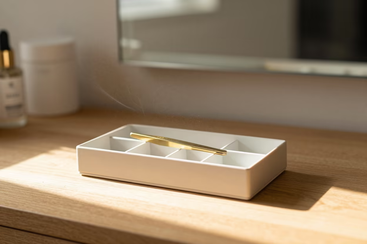 Lash Tile Organizer Box Midmorning Turnover in inside a skincare treatment room in Asheville