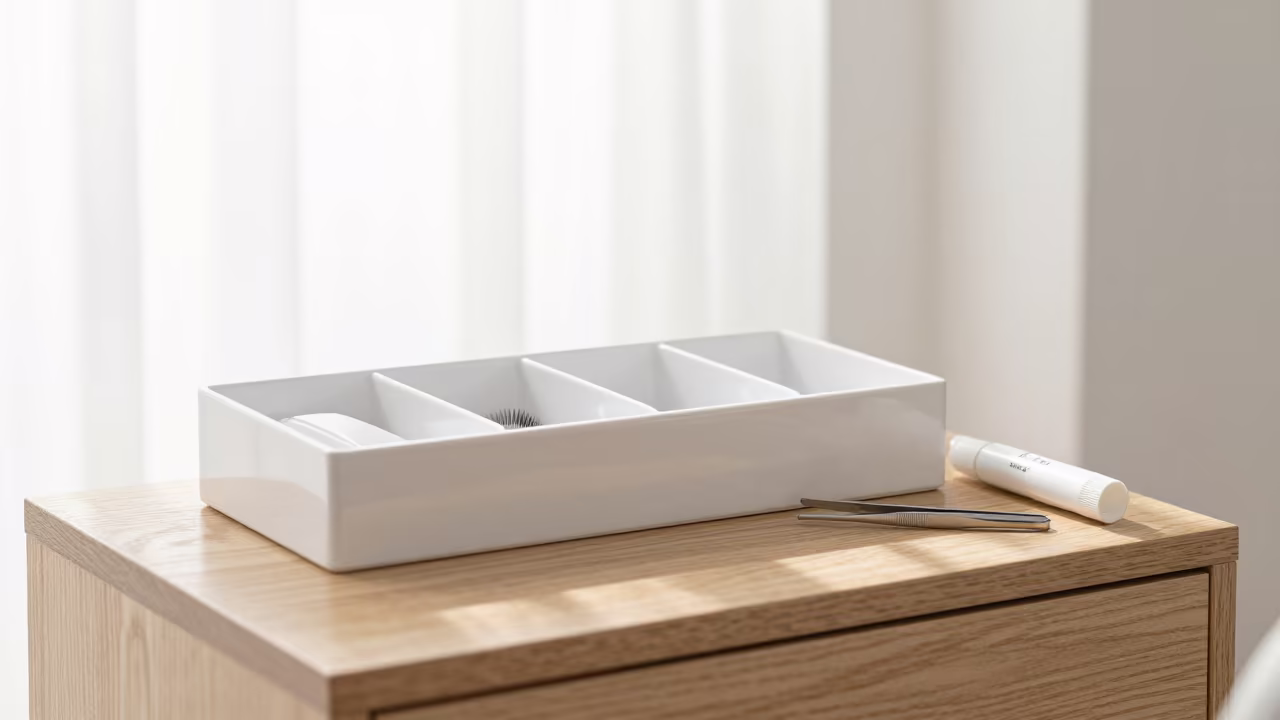 Lash Tile Organizer Box in Morning Salon Light in inside a salon row in San Luis