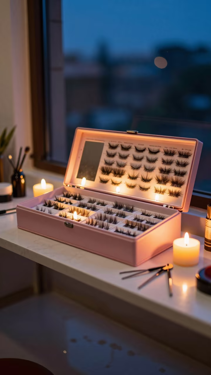 Lash Tile Organizer in Indigo Twilight Candlelight in inside a nail studio near Nadiad